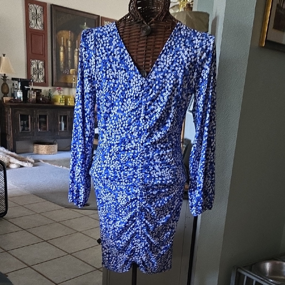 Michael Kors Blue and White Ruched Wrap Dress